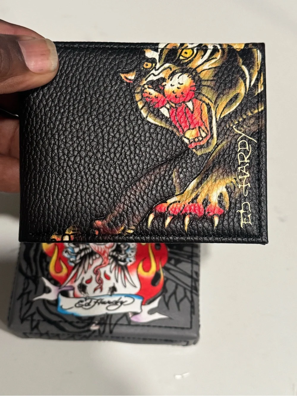 Ed Hardy Black Leather Bifold Wallet with Red and Yellow Flame Tiger Artwork